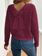 Knit Sweater Women's Bow-Detail V-Neck Long Sleeve Jumper – Casual, Office, Autumn Layering Gift