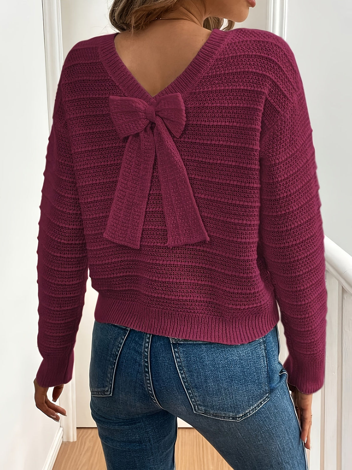 Knit Sweater Women's Bow-Detail V-Neck Long Sleeve Jumper – Casual, Office, Autumn Layering Gift