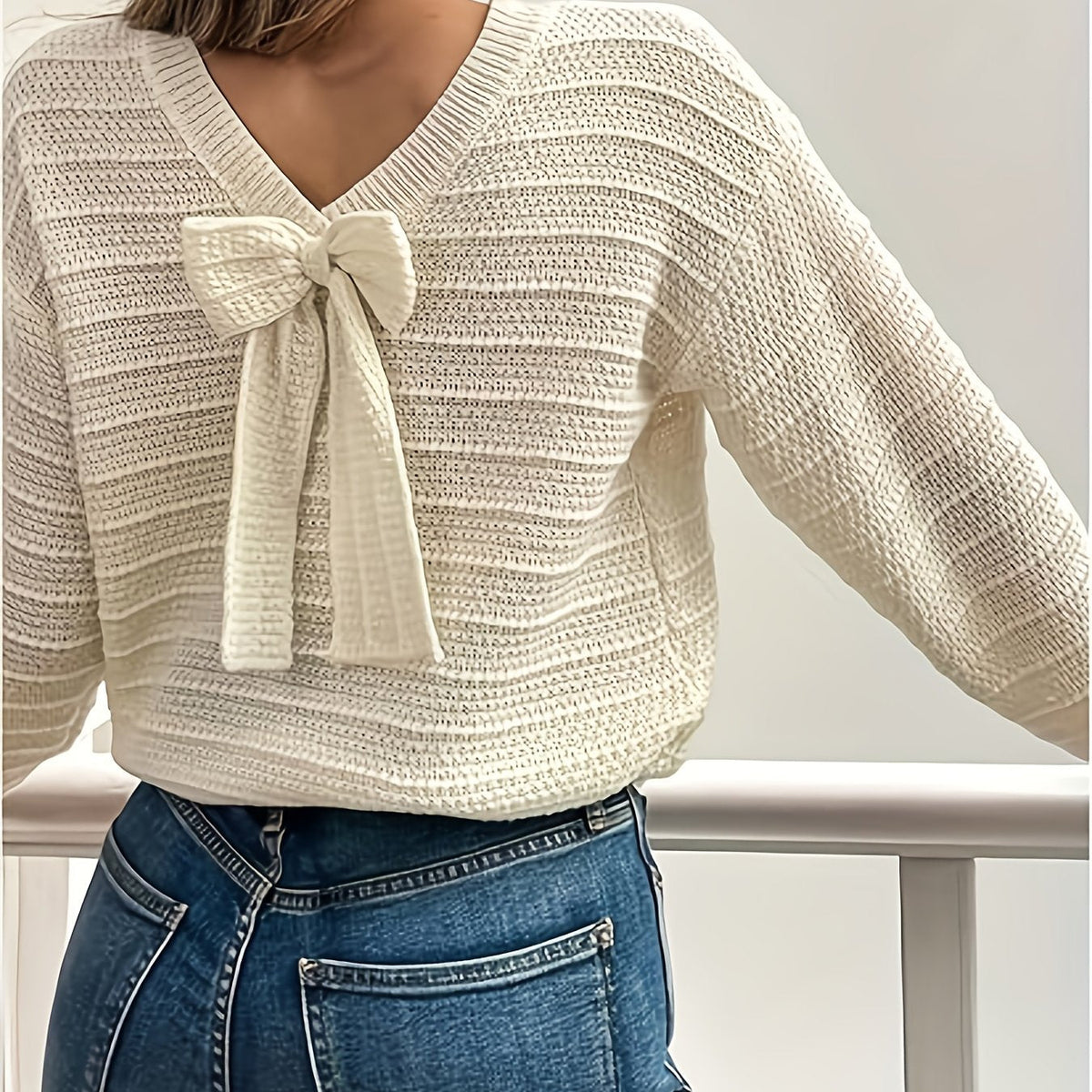 Knit Sweater Women's Bow-Detail V-Neck Long Sleeve Jumper – Casual, Office, Autumn Layering Gift