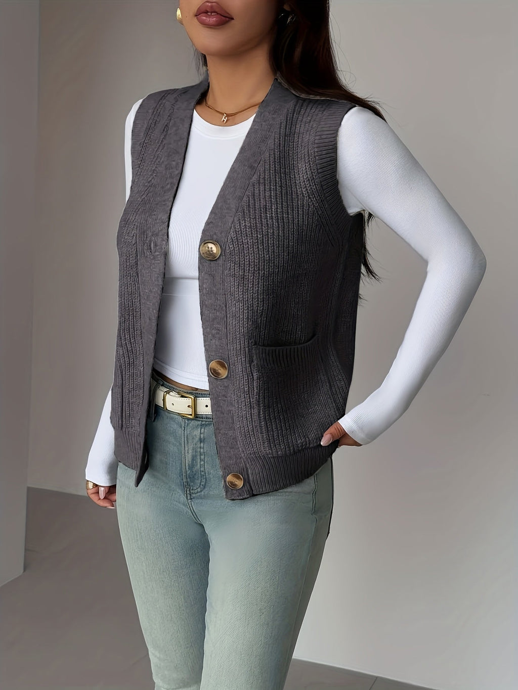 Knit Vest Women's Grey V-Neck Button-Up Sleeveless Cardigan with Pockets – Casual, Office Layering