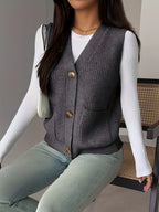 Knit Vest Women's Grey V-Neck Button-Up Sleeveless Cardigan with Pockets – Casual, Office Layering