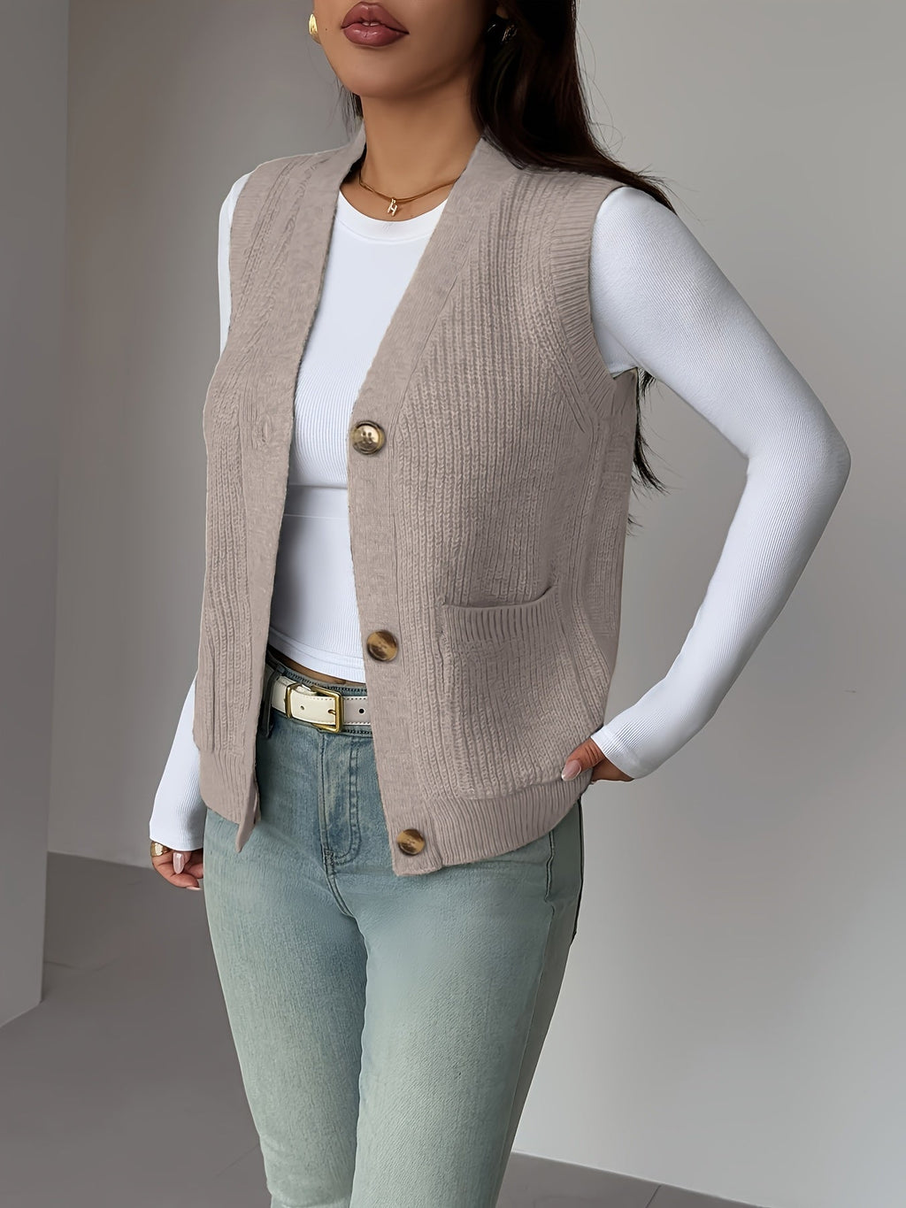Knit Vest Women's Grey V-Neck Button-Up Sleeveless Cardigan with Pockets – Casual, Office Layering