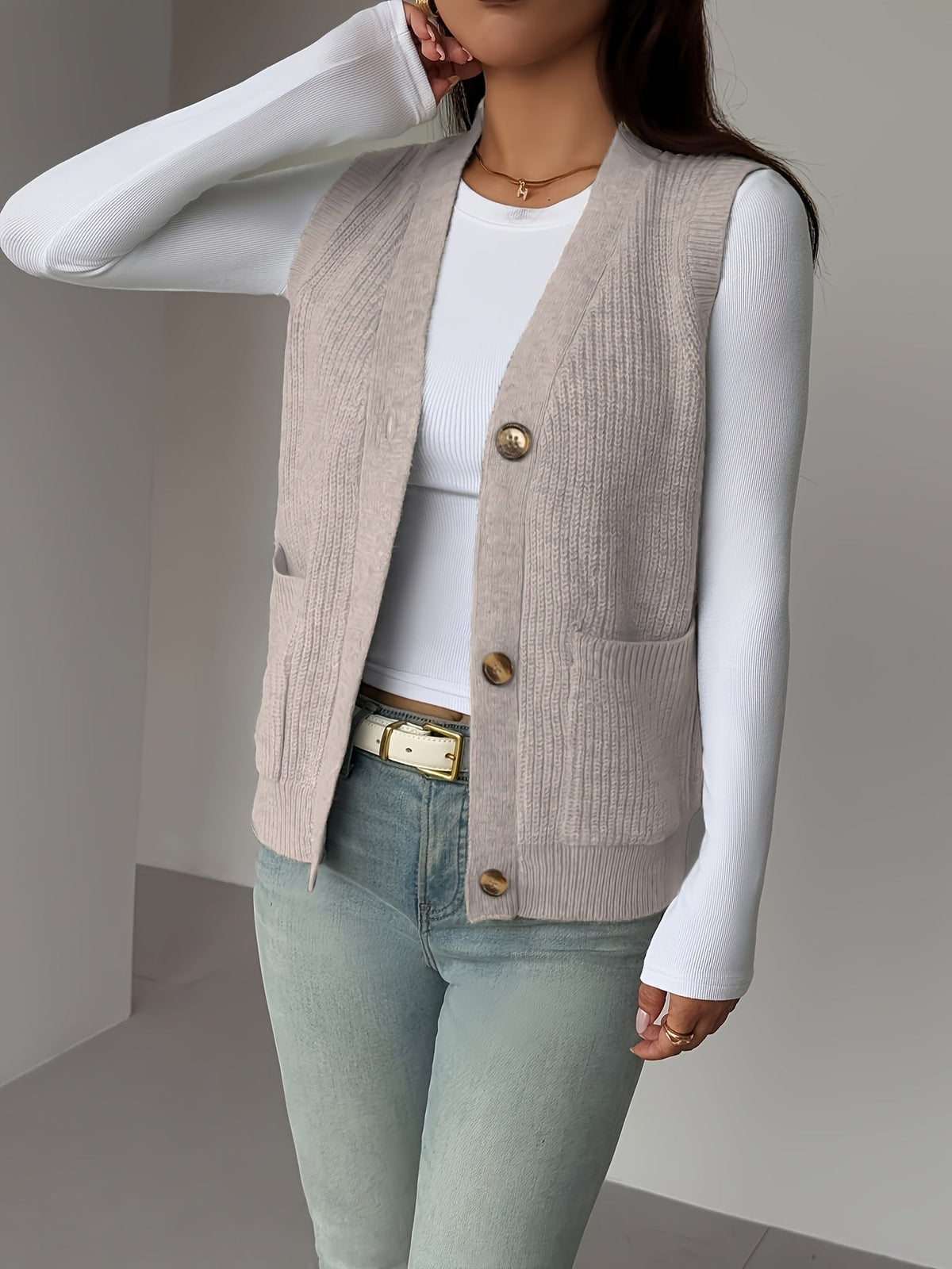 Knit Vest Women's Grey V-Neck Button-Up Sleeveless Cardigan with Pockets – Casual, Office Layering