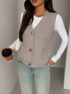Knit Vest Women's Grey V-Neck Button-Up Sleeveless Cardigan with Pockets – Casual, Office Layering