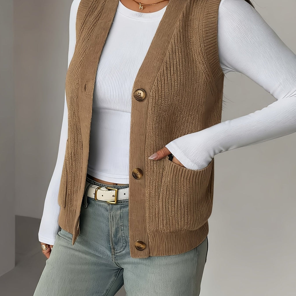 Knit Vest Women's Grey V-Neck Button-Up Sleeveless Cardigan with Pockets – Casual, Office Layering
