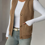 Knit Vest Women's Grey V-Neck Button-Up Sleeveless Cardigan with Pockets – Casual, Office Layering