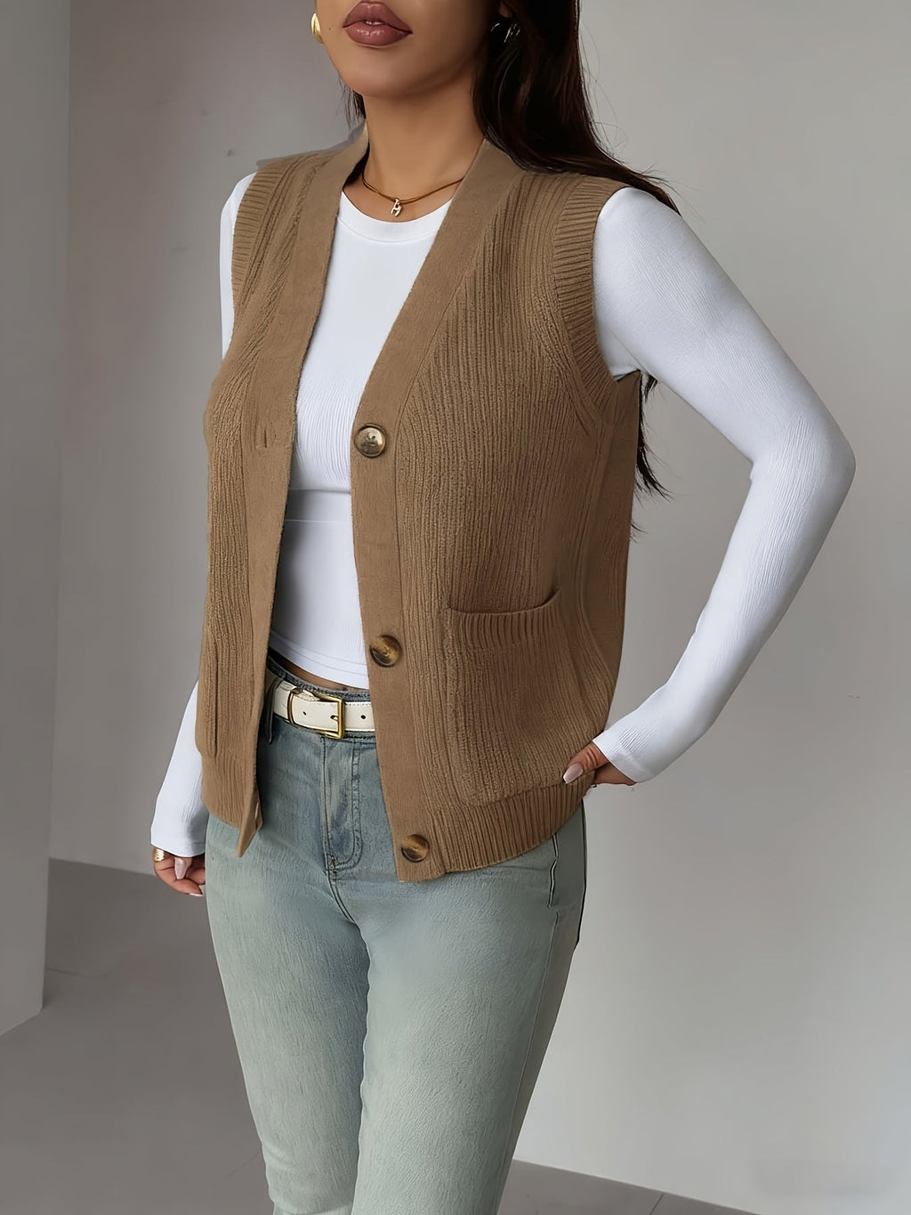 Knit Vest Women's Grey V-Neck Button-Up Sleeveless Cardigan with Pockets – Casual, Office Layering