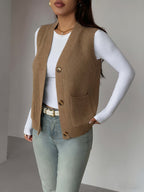 Knit Vest Women's Grey V-Neck Button-Up Sleeveless Cardigan with Pockets – Casual, Office Layering
