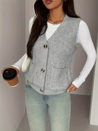 Knit Vest Women's Grey V-Neck Button-Up Sleeveless Cardigan with Pockets – Casual, Office Layering