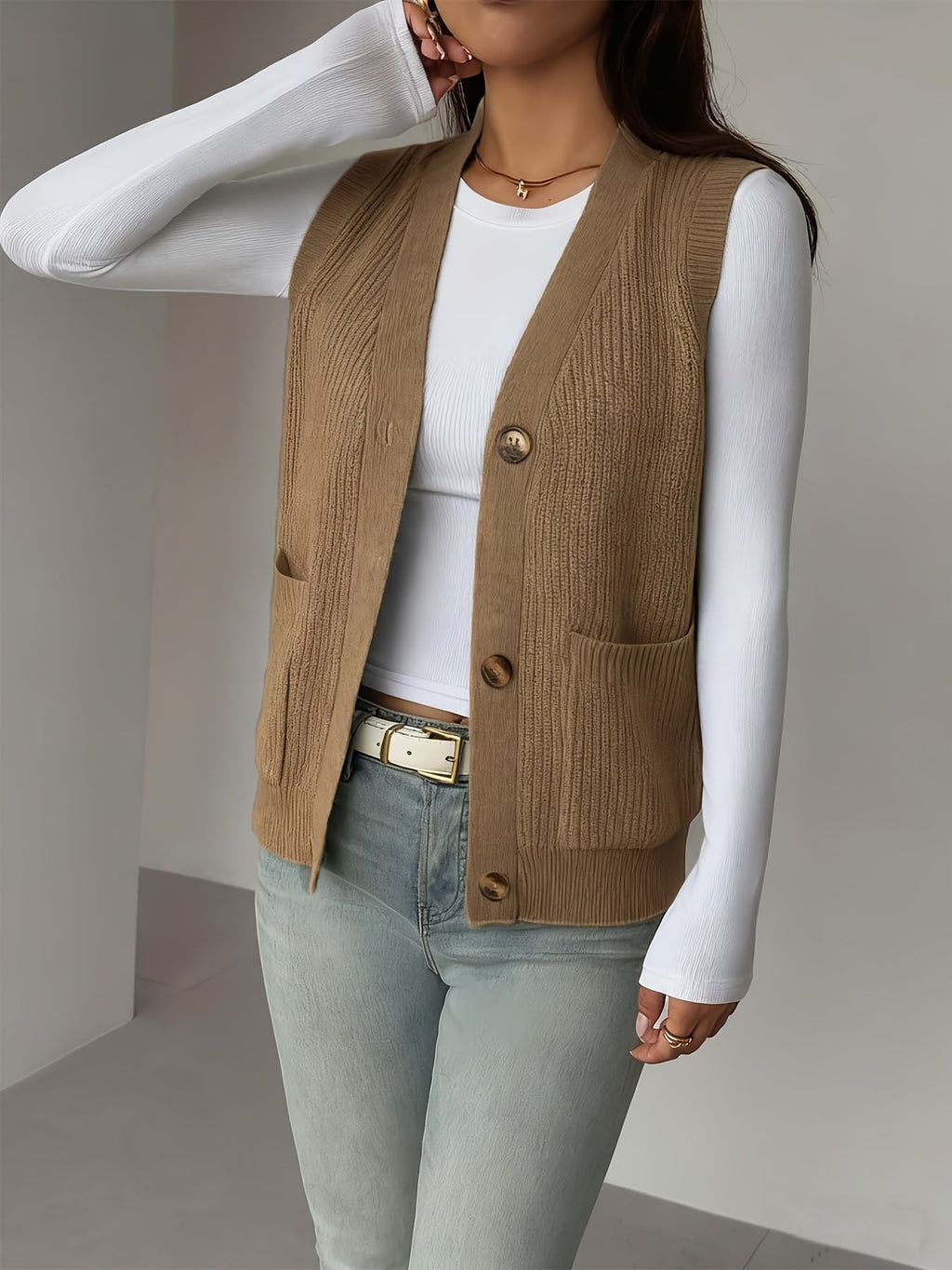 Knit Vest Women's Grey V-Neck Button-Up Sleeveless Cardigan with Pockets – Casual, Office Layering