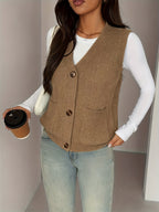 Knit Vest Women's Grey V-Neck Button-Up Sleeveless Cardigan with Pockets – Casual, Office Layering