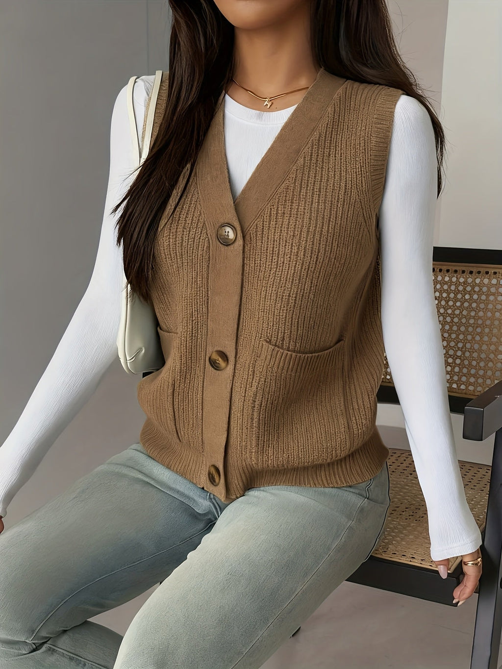 Knit Vest Women's Grey V-Neck Button-Up Sleeveless Cardigan with Pockets – Casual, Office Layering