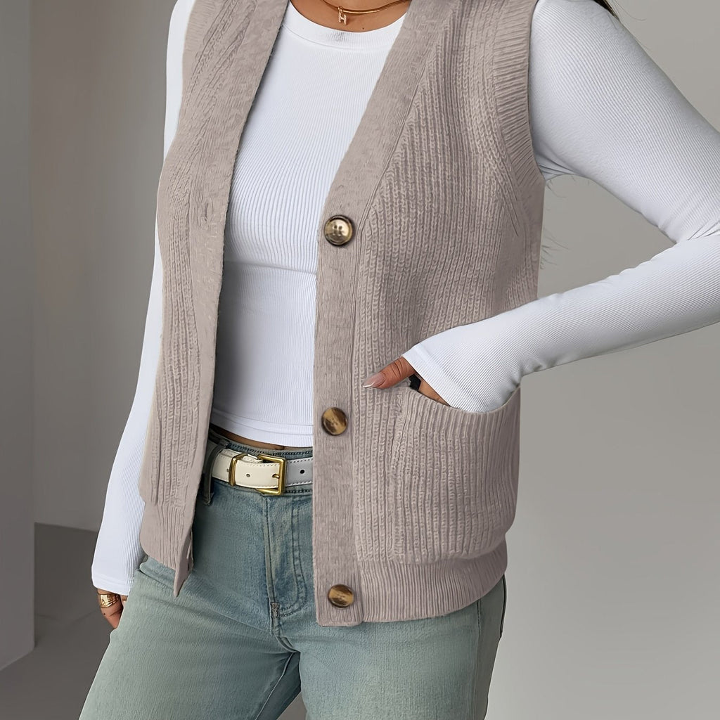 Knit Vest Women's Grey V-Neck Button-Up Sleeveless Cardigan with Pockets – Casual, Office Layering