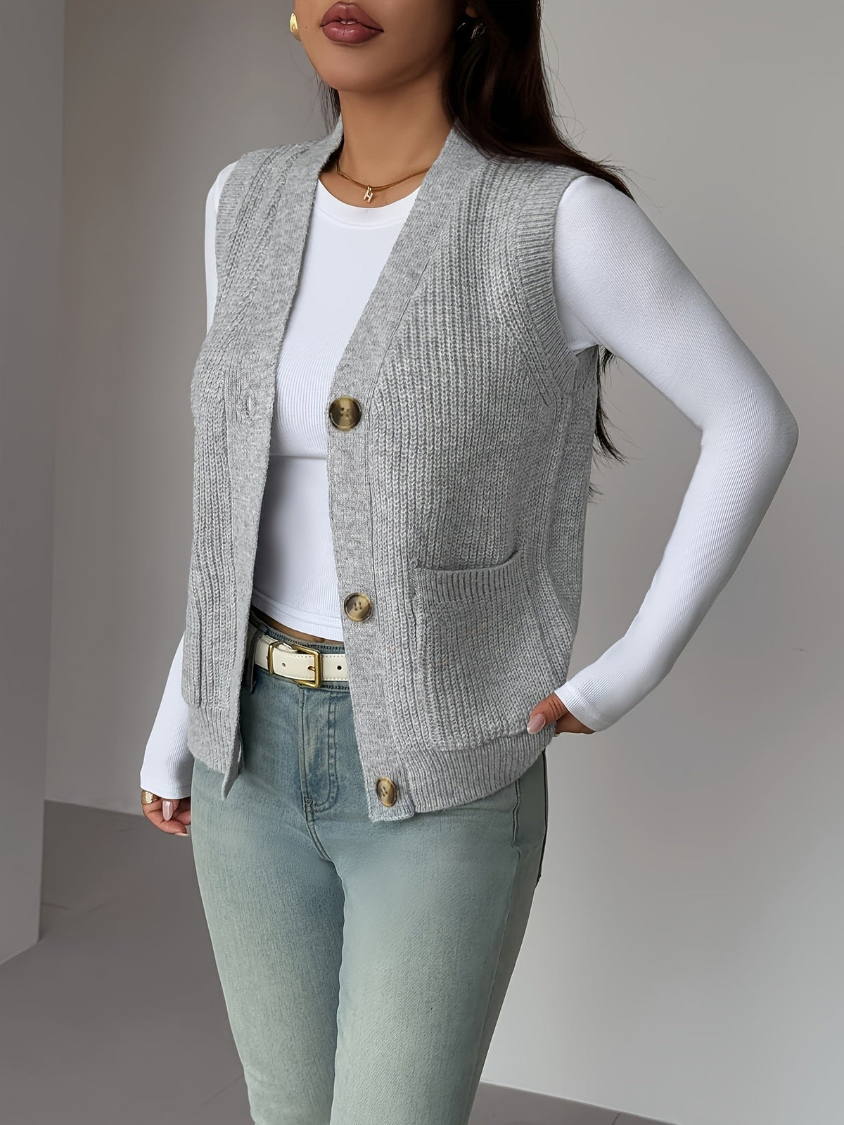 Knit Vest Women's Grey V-Neck Button-Up Sleeveless Cardigan with Pockets – Casual, Office Layering
