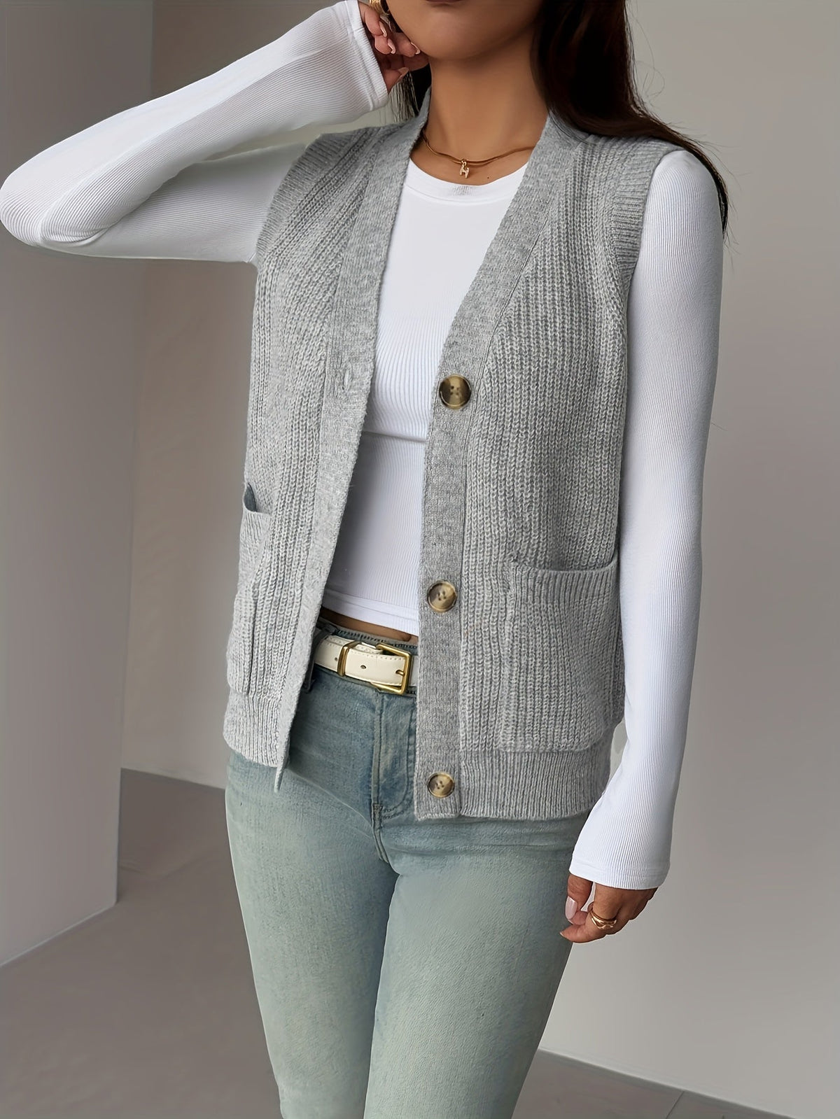 Knit Vest Women's Grey V-Neck Button-Up Sleeveless Cardigan with Pockets – Casual, Office Layering