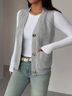 Knit Vest Women's Grey V-Neck Button-Up Sleeveless Cardigan with Pockets – Casual, Office Layering