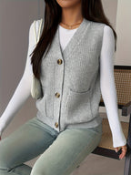 Knit Vest Women's Grey V-Neck Button-Up Sleeveless Cardigan with Pockets – Casual, Office Layering