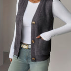Knit Vest Women's Grey V-Neck Button-Up Sleeveless Cardigan with Pockets – Casual, Office Layering