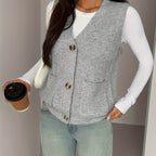 Knit Vest Women's Grey V-Neck Button-Up Sleeveless Cardigan with Pockets – Casual, Office Layering