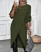 Knit Wrap Front Long Tunic Sweater Grey Women's Longline Jumper – Casual, Office