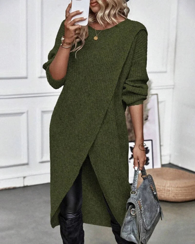 Knit Wrap Front Long Tunic Sweater Grey Women's Longline Jumper – Casual, Office