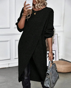 Knit Wrap Front Long Tunic Sweater Grey Women's Longline Jumper – Casual, Office