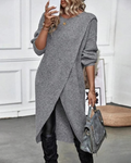 Knit Wrap Front Long Tunic Sweater Grey Women's Longline Jumper – Casual, Office