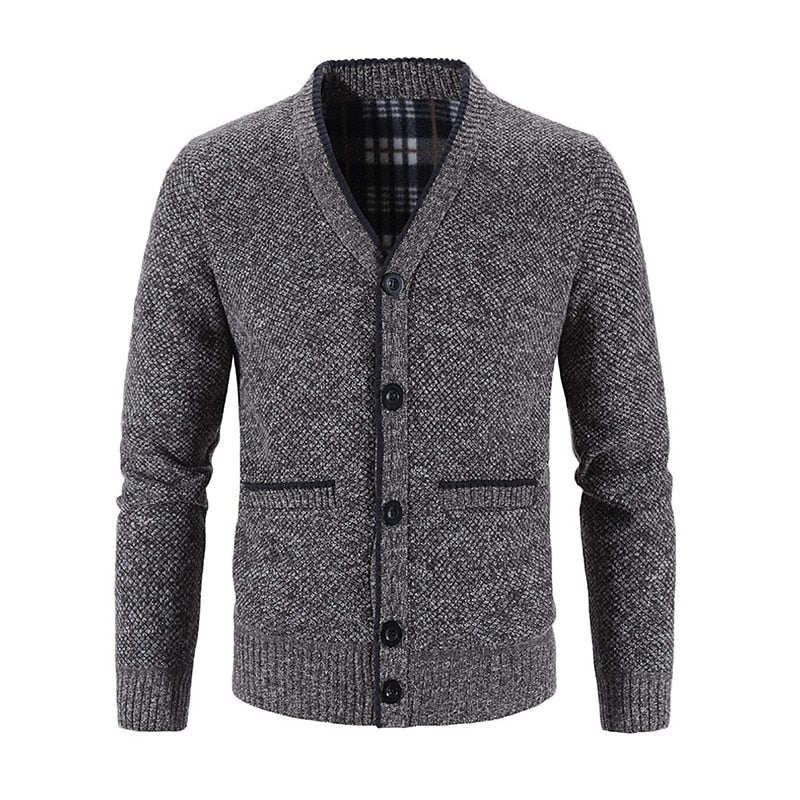 Knitted Cardigan Men's V-Neck Grey Button-Front Fleece-Lined Sweater – Casual, Office, Winter, Gift