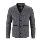 Knitted Cardigan Men's V-Neck Grey Button-Front Fleece-Lined Sweater – Casual, Office, Winter, Gift