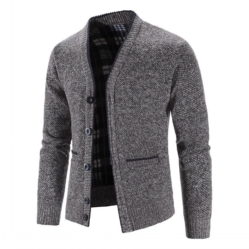 Knitted Cardigan Men's V-Neck Grey Button-Front Fleece-Lined Sweater – Casual, Office, Winter, Gift