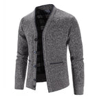 Knitted Cardigan Men's V-Neck Grey Button-Front Fleece-Lined Sweater – Casual, Office, Winter, Gift