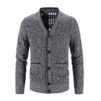 Knitted Cardigan Men's V-Neck Grey Button-Front Fleece-Lined Sweater – Casual, Office, Winter, Gift