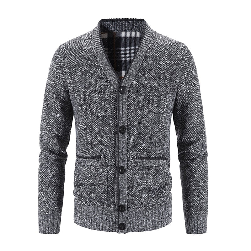 Knitted Cardigan Men's V-Neck Grey Button-Front Fleece-Lined Sweater – Casual, Office, Winter, Gift