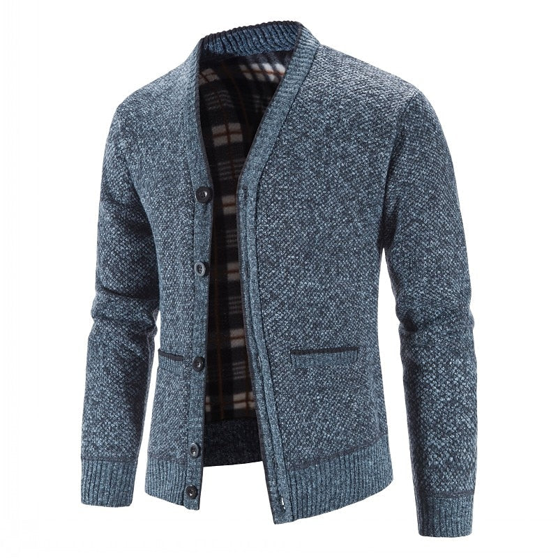 Knitted Cardigan Men's V-Neck Grey Button-Front Fleece-Lined Sweater – Casual, Office, Winter, Gift