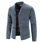 Knitted Cardigan Men's V-Neck Grey Button-Front Fleece-Lined Sweater – Casual, Office, Winter, Gift