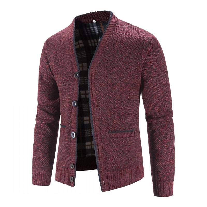 Knitted Cardigan Men's V-Neck Grey Button-Front Fleece-Lined Sweater – Casual, Office, Winter, Gift