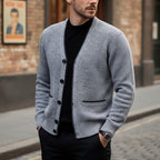 Knitted Cardigan Men's V-Neck Grey Button-Front Fleece-Lined Sweater – Casual, Office, Winter, Gift