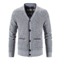 Knitted Cardigan Men's V-Neck Grey Button-Front Fleece-Lined Sweater – Casual, Office, Winter, Gift