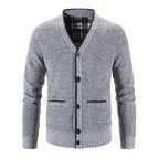 Knitted Cardigan Men's V-Neck Grey Button-Front Fleece-Lined Sweater – Casual, Office, Winter, Gift