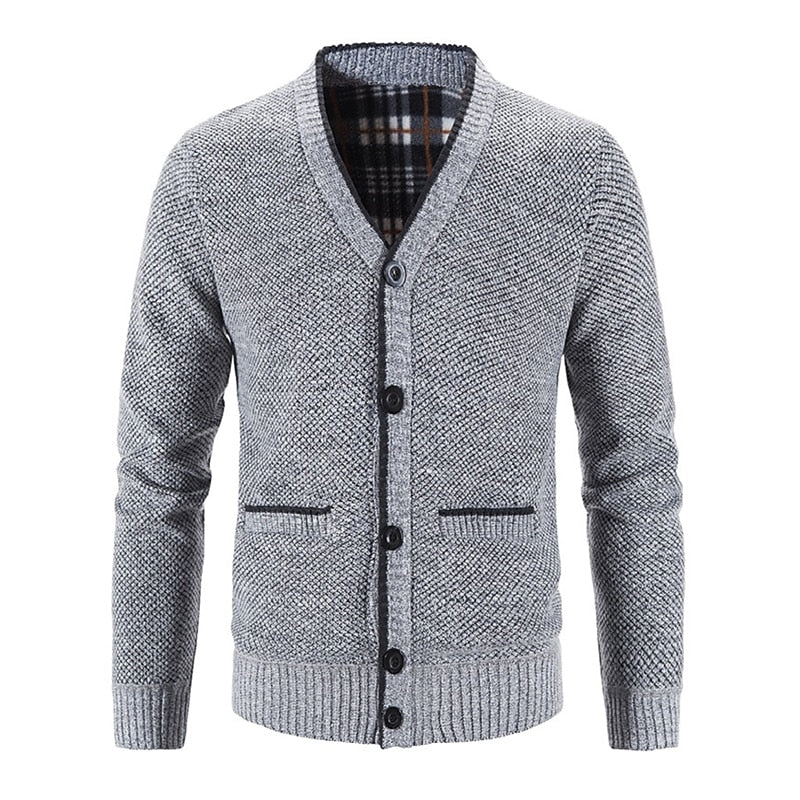 Knitted Cardigan Men's V-Neck Grey Button-Front Fleece-Lined Sweater – Casual, Office, Winter, Gift