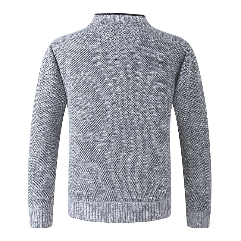 Knitted Cardigan Men's V-Neck Grey Button-Front Fleece-Lined Sweater – Casual, Office, Winter, Gift