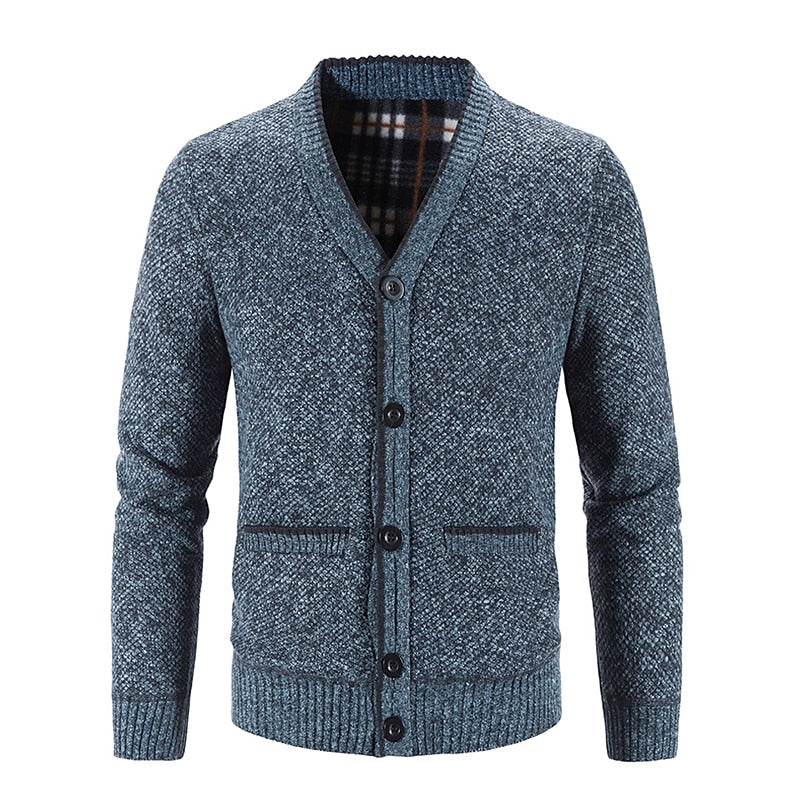 Knitted Cardigan Men's V-Neck Grey Button-Front Fleece-Lined Sweater – Casual, Office, Winter, Gift