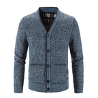 Knitted Cardigan Men's V-Neck Grey Button-Front Fleece-Lined Sweater – Casual, Office, Winter, Gift