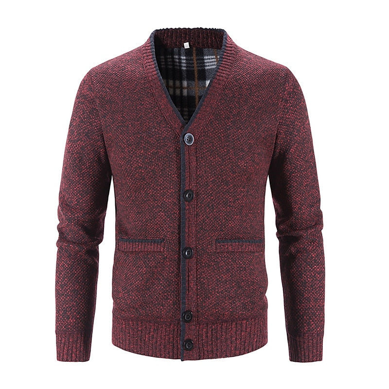 Knitted Cardigan Men's V-Neck Grey Button-Front Fleece-Lined Sweater – Casual, Office, Winter, Gift