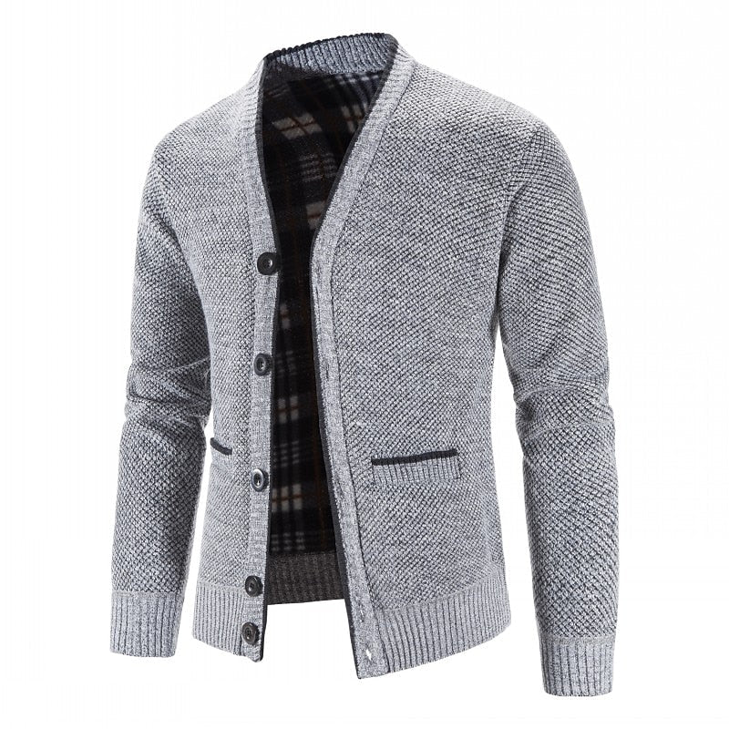 Knitted Cardigan Men's V-Neck Grey Button-Front Fleece-Lined Sweater – Casual, Office, Winter, Gift