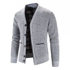 Knitted Cardigan Men's V-Neck Grey Button-Front Fleece-Lined Sweater – Casual, Office, Winter, Gift