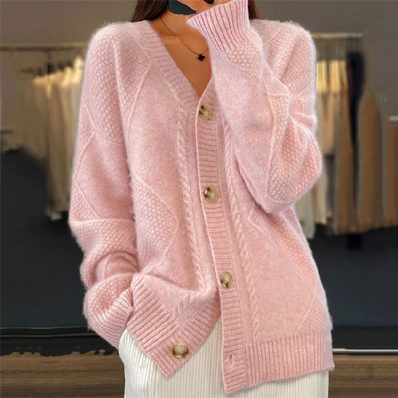 Knitted Cardigan Pink Cable-Knit Button-Up Women's – Casual, Office, Holiday, Gift