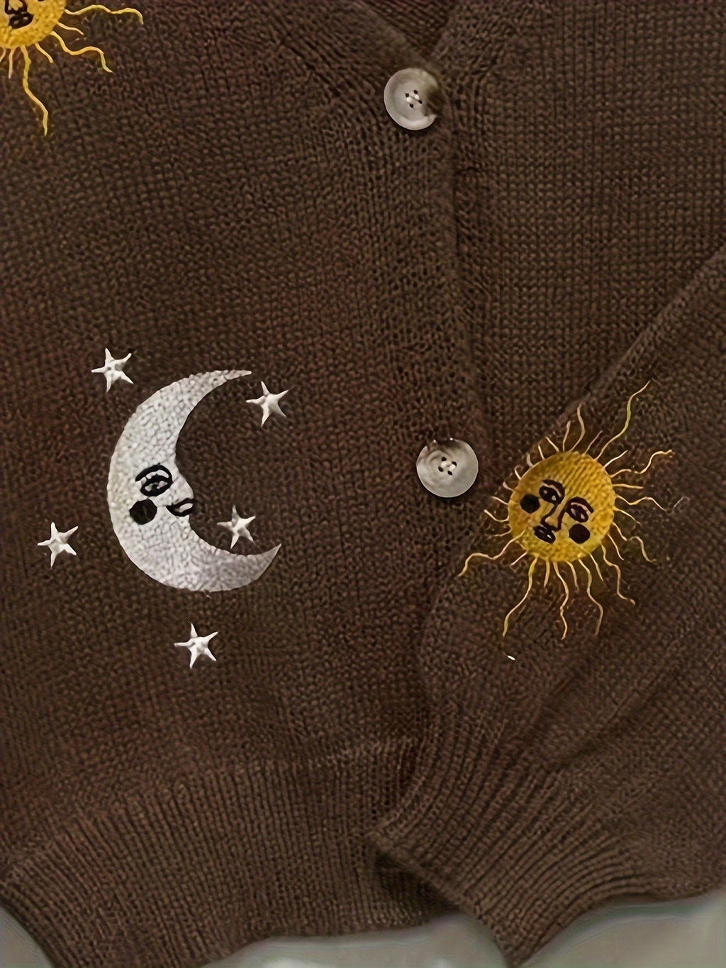 Knitted Cardigan Sun Moon Star Embroidered Women's V-Neck Button-Up Navy – Casual, Autumn Layering