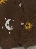 Knitted Cardigan Sun Moon Star Embroidered Women's V-Neck Button-Up Navy – Casual, Autumn Layering