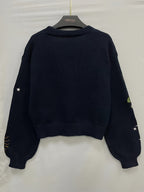 Knitted Cardigan Sun Moon Star Embroidered Women's V-Neck Button-Up Navy – Casual, Autumn Layering